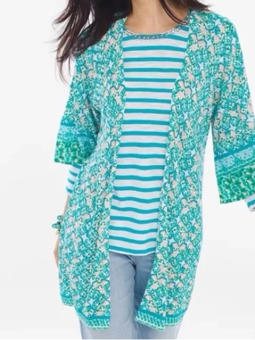 Chico's Green and White Textured Floral Paisley Boho Long Cardigan Size Large 2